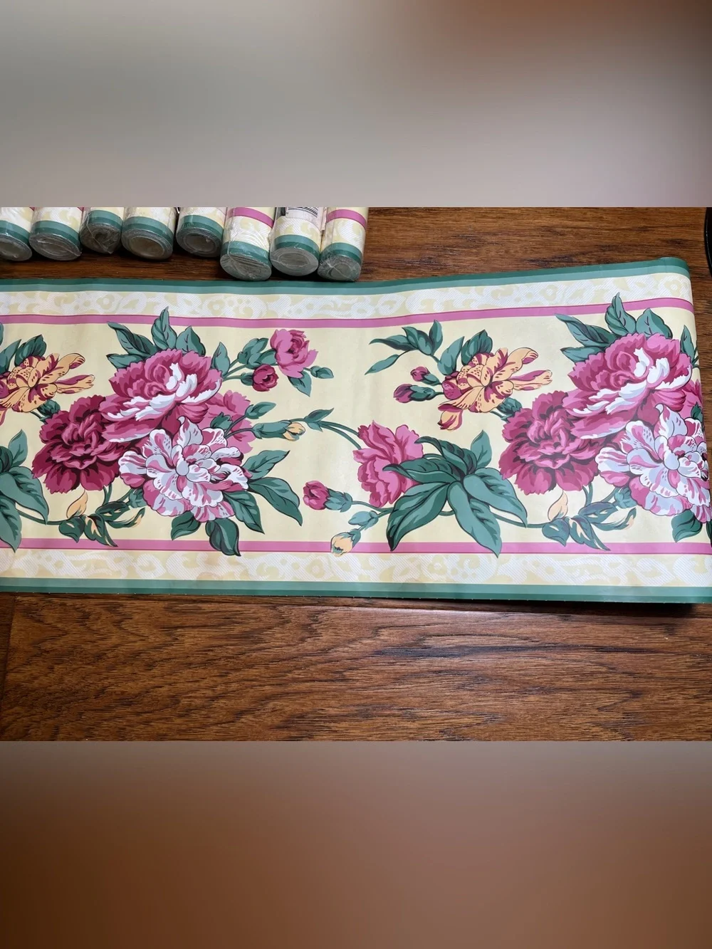 Waverly Vintage NOS Pink Rose and Teal Floral Wallpaper Border-12 Rolls